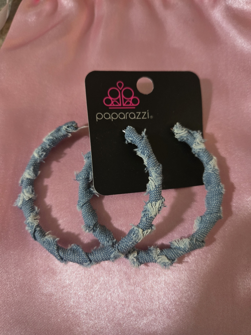 Paparazzi Denim Frayed Hoop Earrings - Light Blue